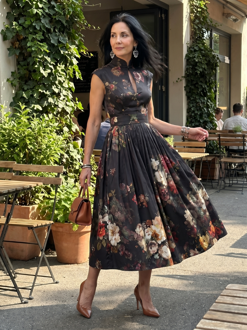 Greta | Pleated Floral Midi Dress with Keyhole Neck