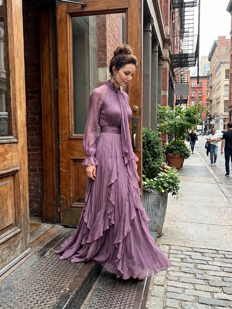 Demetria | Bow Neck Ruffle Maxi Dress