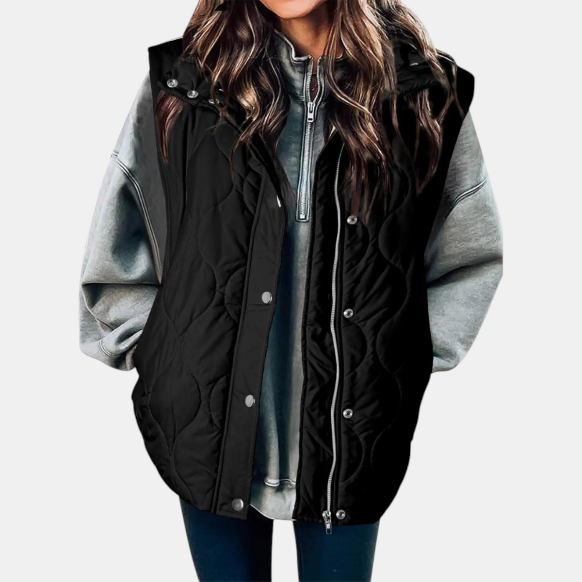 Gilet Piumino da Donna Trapuntato con Zip e Bottoni a Pressione senza Maniche