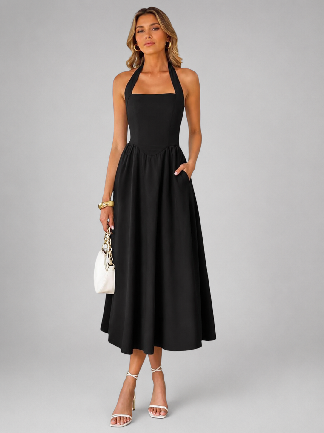 Carlotta | Abito midi con scollo a halter e arricciature