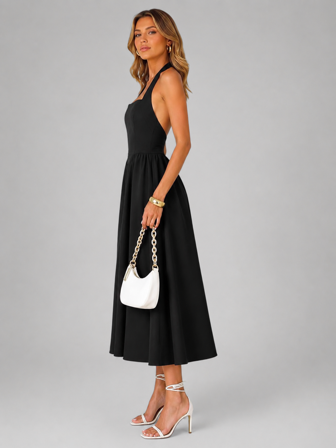 Carlotta | Abito midi con scollo a halter e arricciature