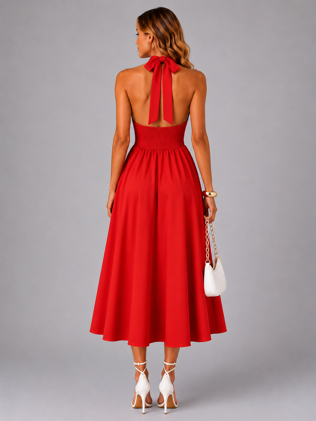 Carlotta | Abito midi con scollo a halter e arricciature