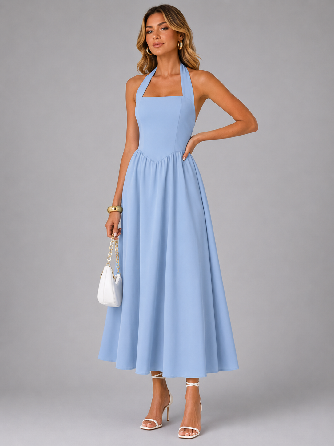 Carlotta | Abito midi con scollo a halter e arricciature