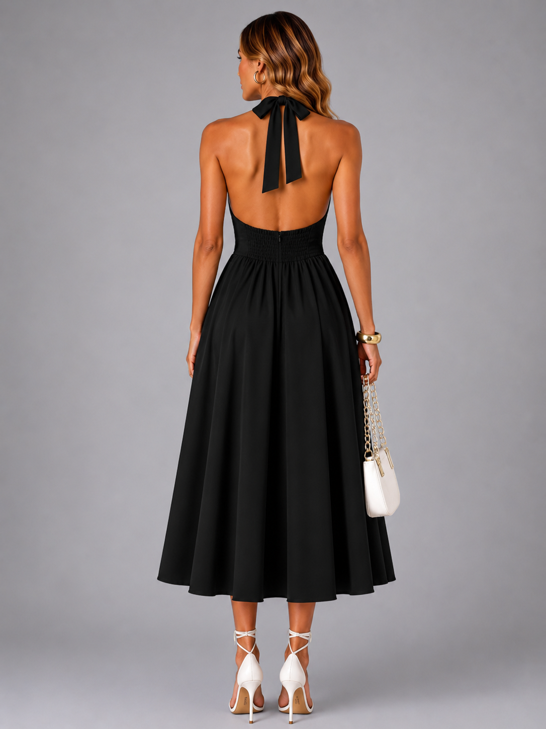 Carlotta | Abito midi con scollo a halter e arricciature