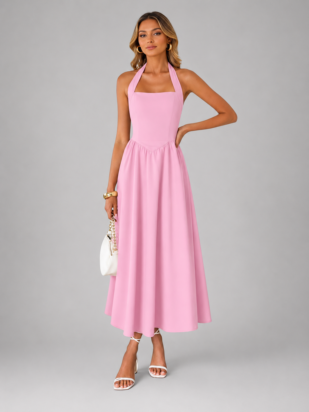 Carlotta | Abito midi con scollo a halter e arricciature