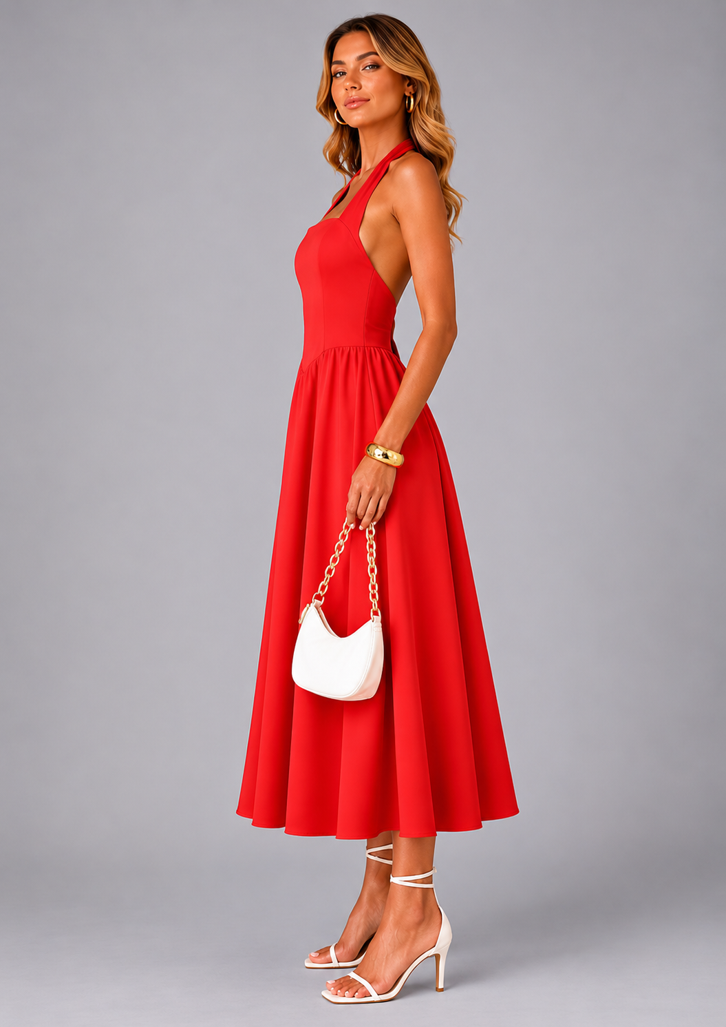 Carlotta | Abito midi con scollo a halter e arricciature