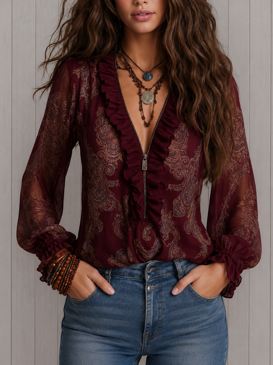 Éloise | Baroque Paisley Chiffon Ruffle Blouse