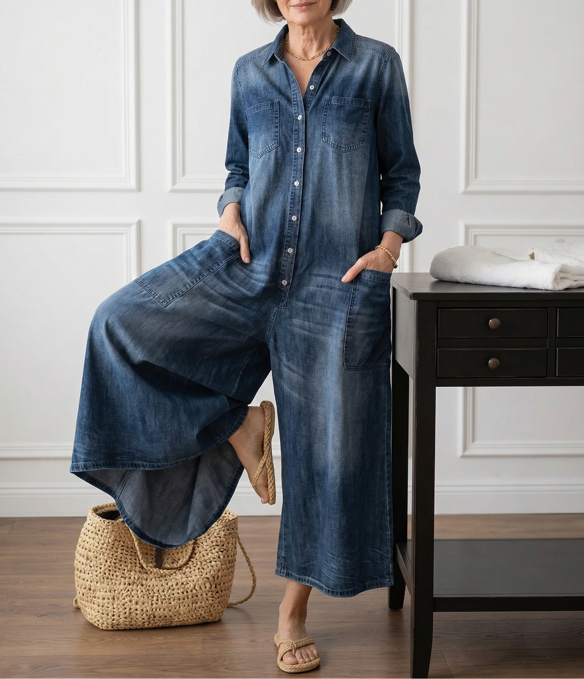 Saylor - Salopette in Denim di Cotone Lavato Vintage con Chiusura a Bottone