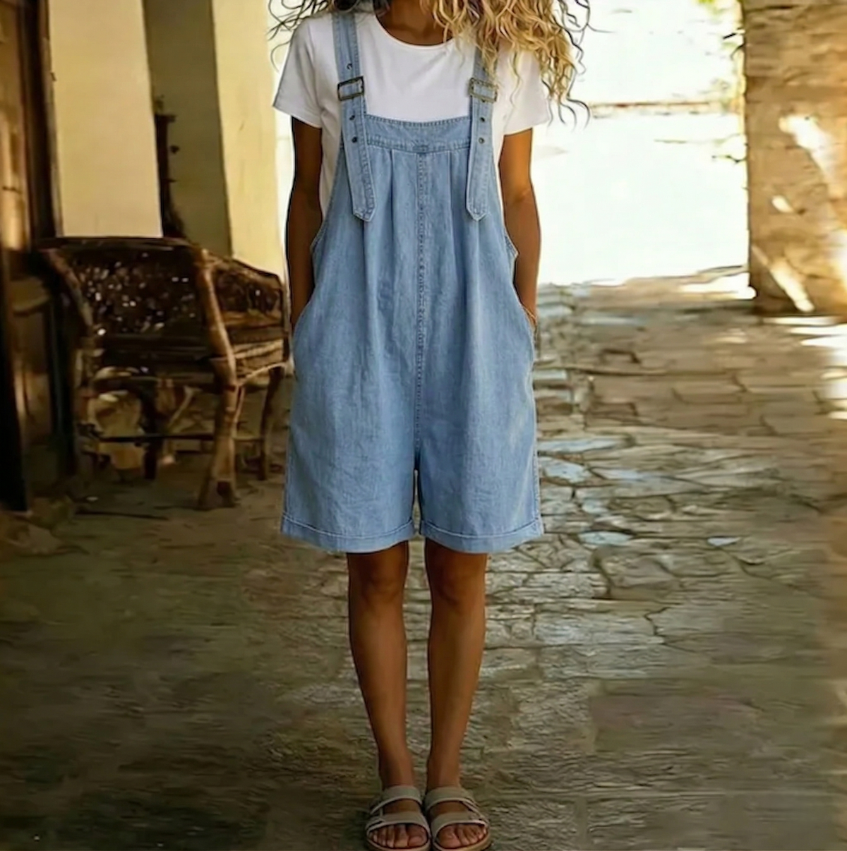 Michelle - Salopette in Denim Leggero Lavato Vintage di Cotone Morbido Blu Chiaro