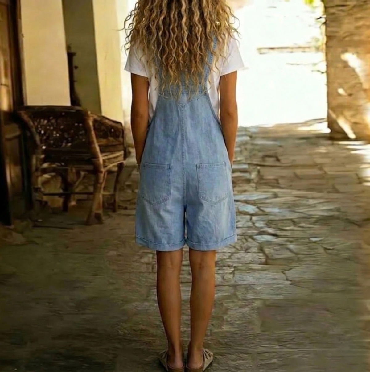 Michelle - Salopette in Denim Leggero Lavato Vintage di Cotone Morbido Blu Chiaro