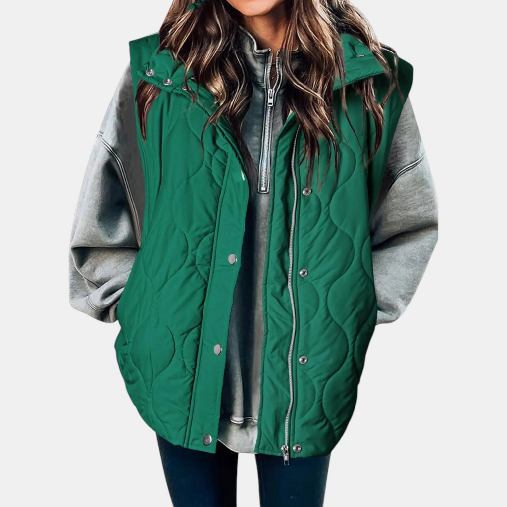 Gilet Piumino da Donna Trapuntato con Zip e Bottoni a Pressione senza Maniche