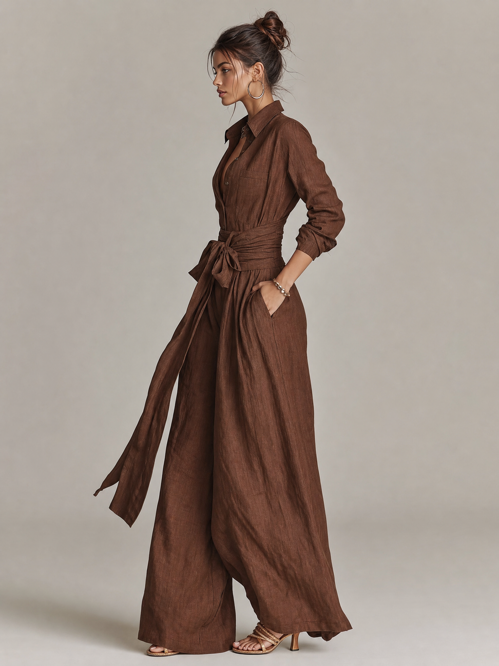 Tuta Elegante da Donna in Cotone-Lino Tessuto Marrone con Maniche Lunghe e Cintura
