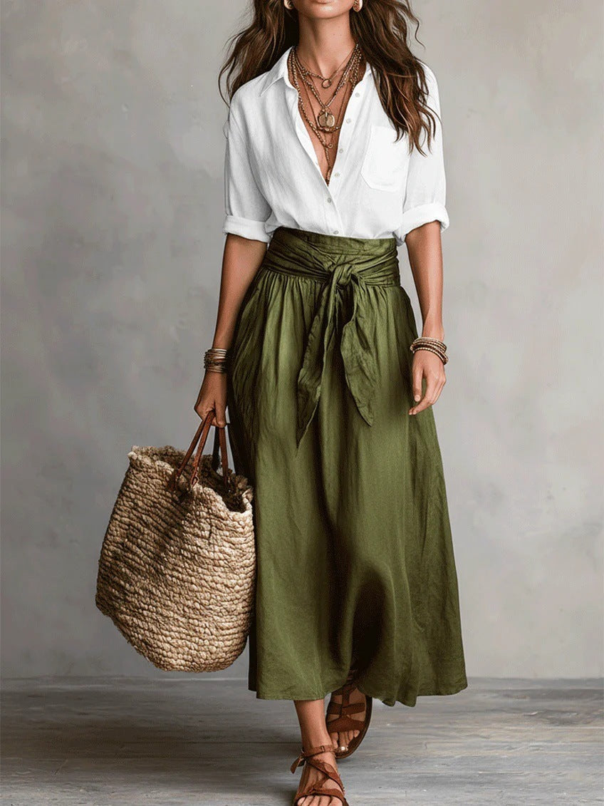 SAGE | Set di Due Pezzi: Top Nero e Gonna Midi Verde Oliva
