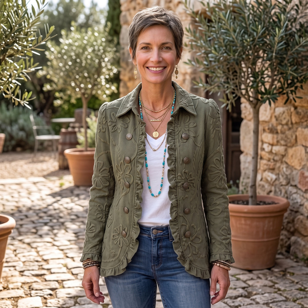 Kamberly™ | Giacca Utility Ricamata a Fiori Boho-Chic con Volant