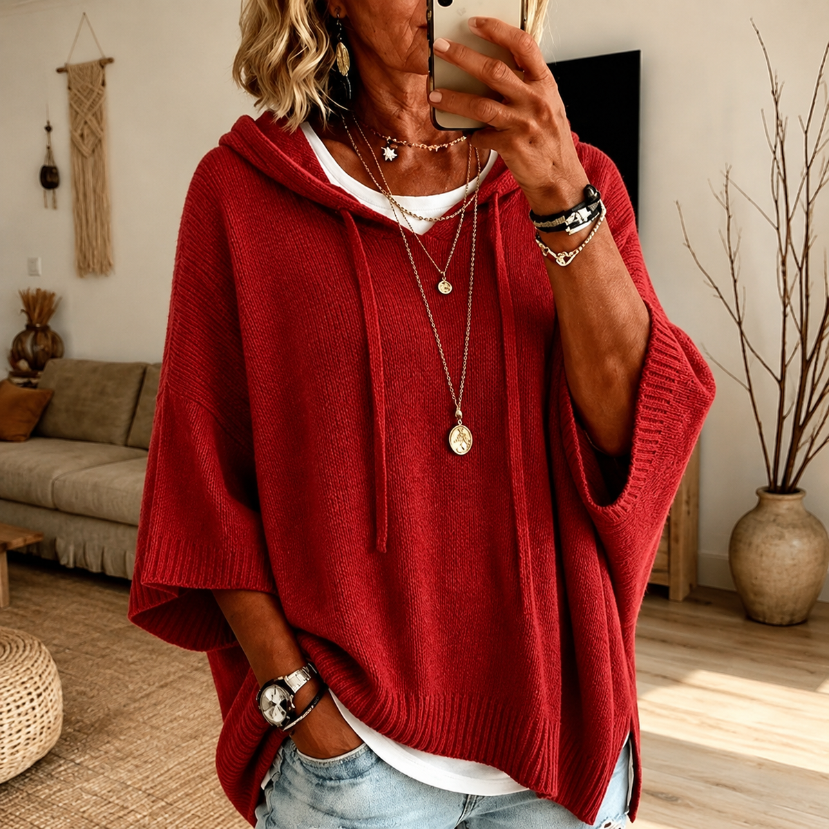 Claire | Red Poncho Sweater