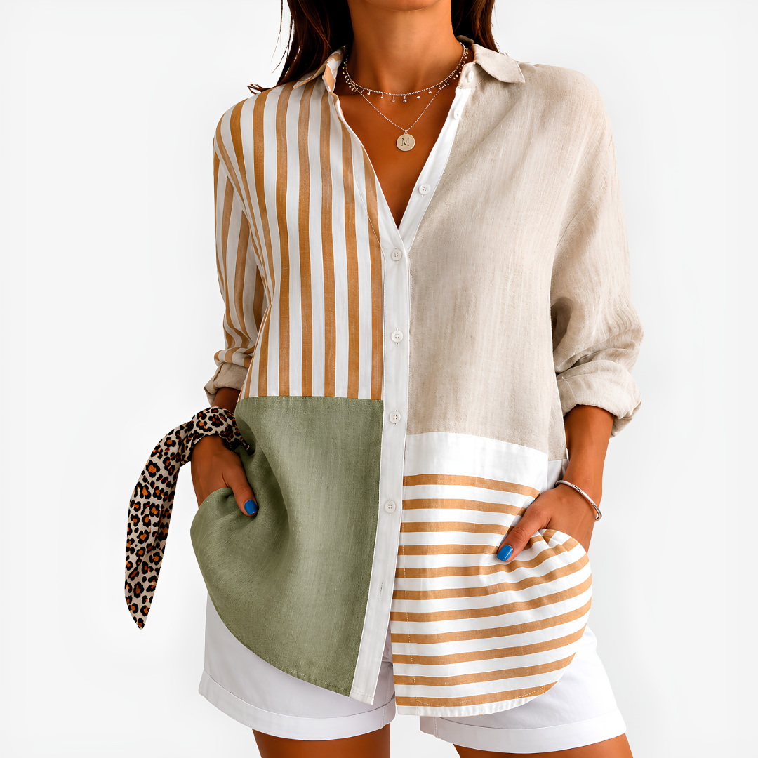 Lauren | Neutral Patchwork Stripe Blouse