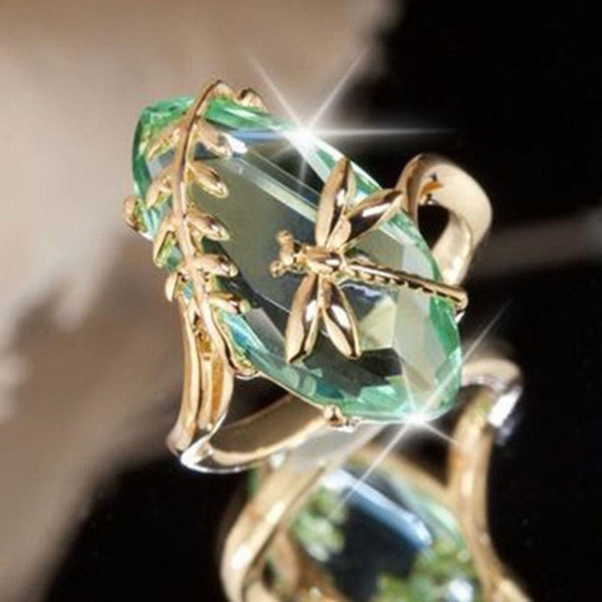 Women's Dragonfly Water Olive Green 18 K Gold Plated Ring