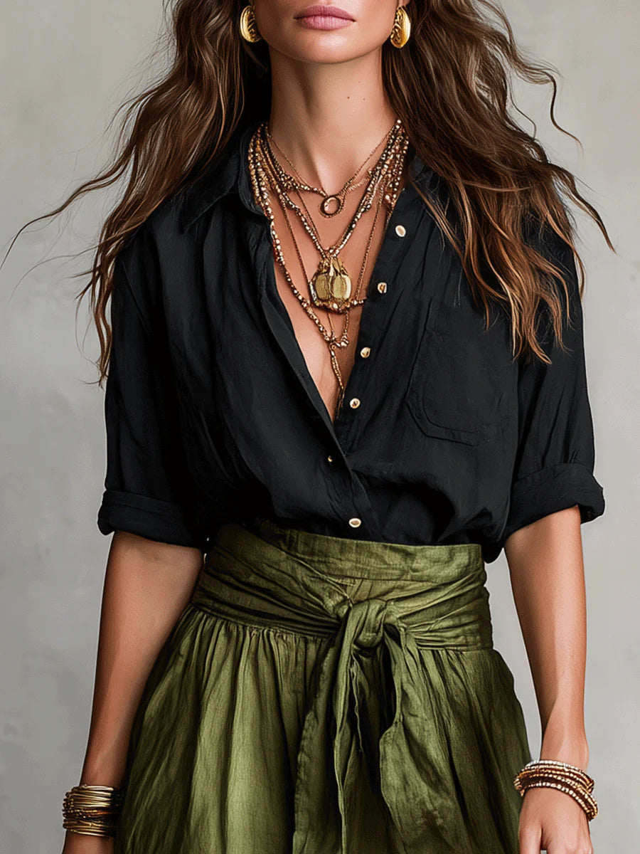 SAGE | Set di Due Pezzi: Top Nero e Gonna Midi Verde Oliva