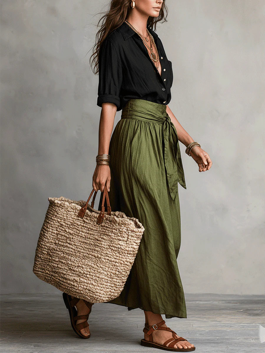 SAGE | Set di Due Pezzi: Top Nero e Gonna Midi Verde Oliva