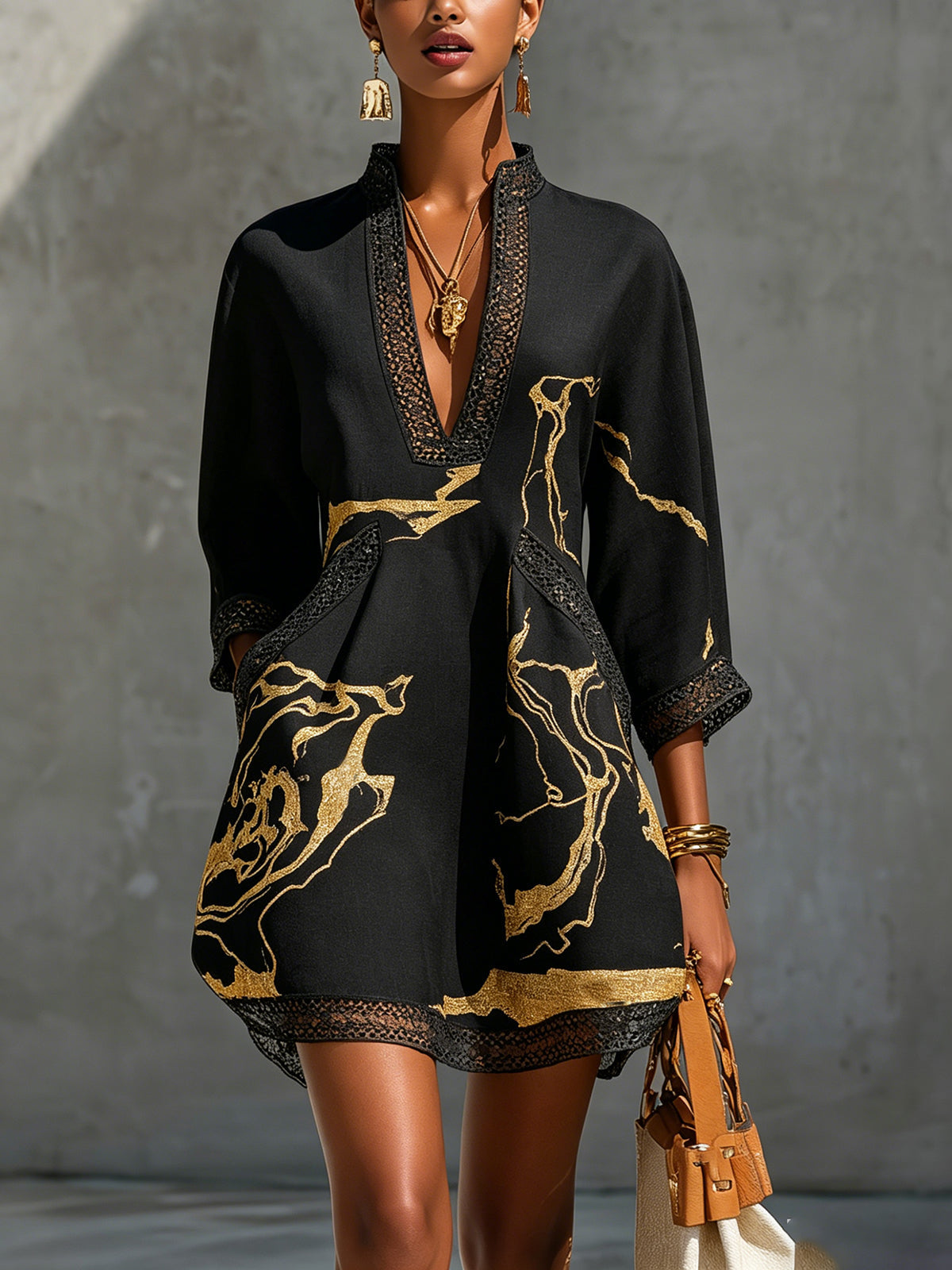 Black Crochet Lace V-Neck Mini Dress
