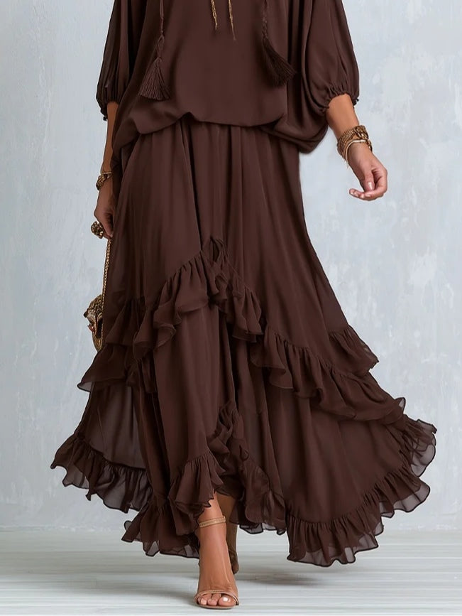 Olivia | Brown Chiffon Top with Fringes and Flared Skirt