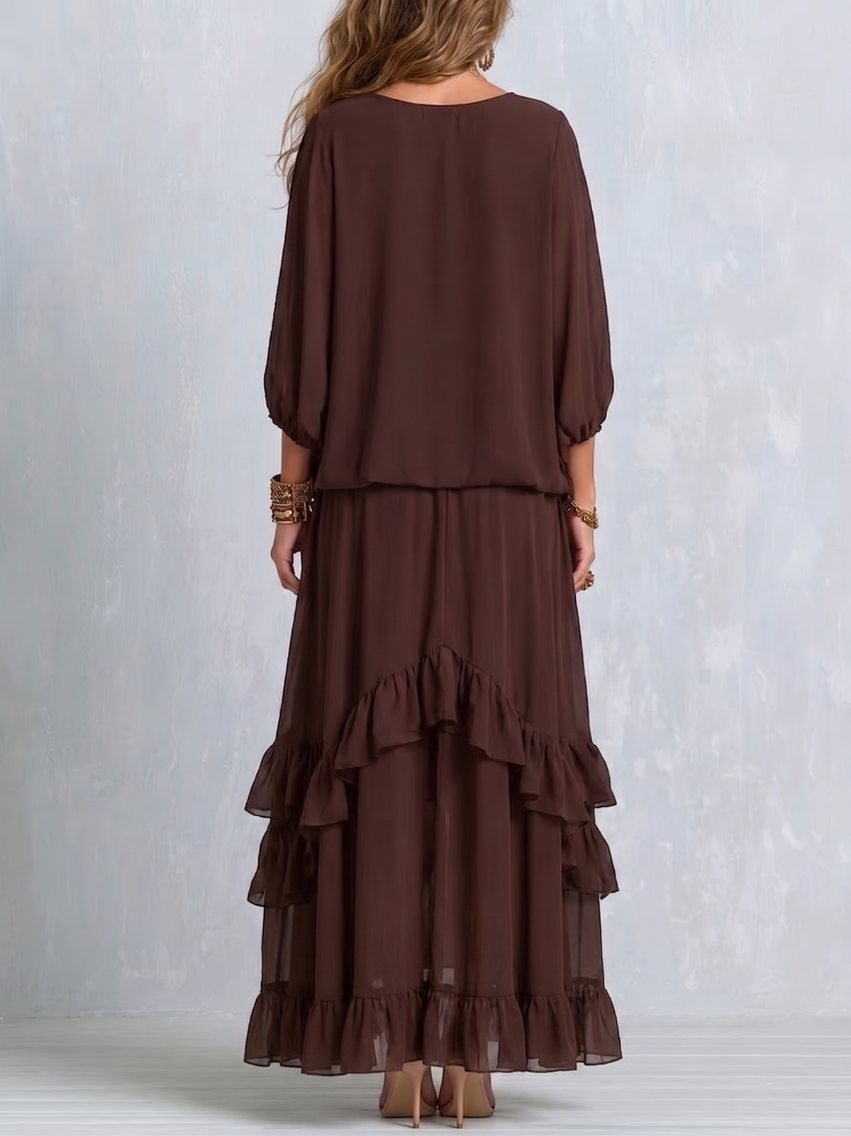 Olivia | Brown Chiffon Top with Fringes and Flared Skirt