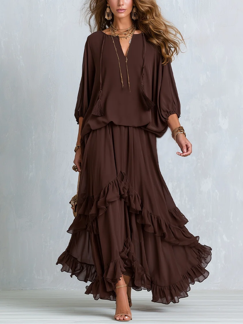 Olivia | Brown Chiffon Top with Fringes and Flared Skirt