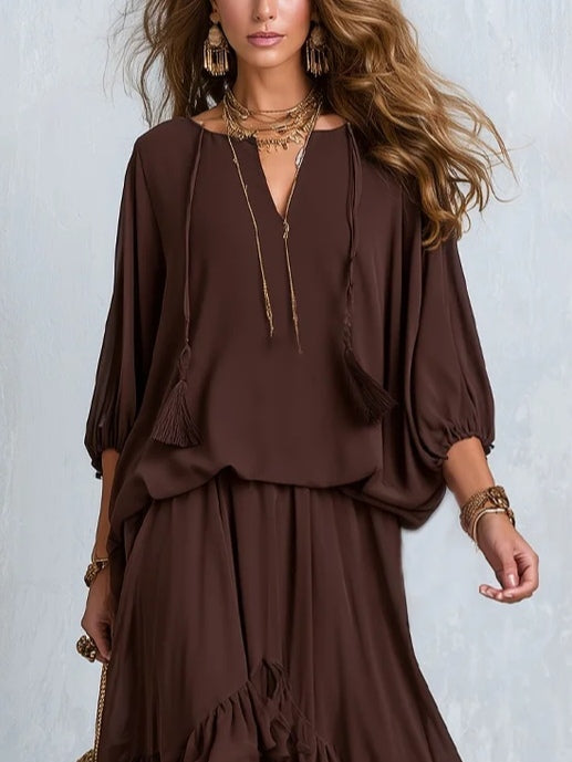 Olivia | Brown Chiffon Top with Fringes and Flared Skirt