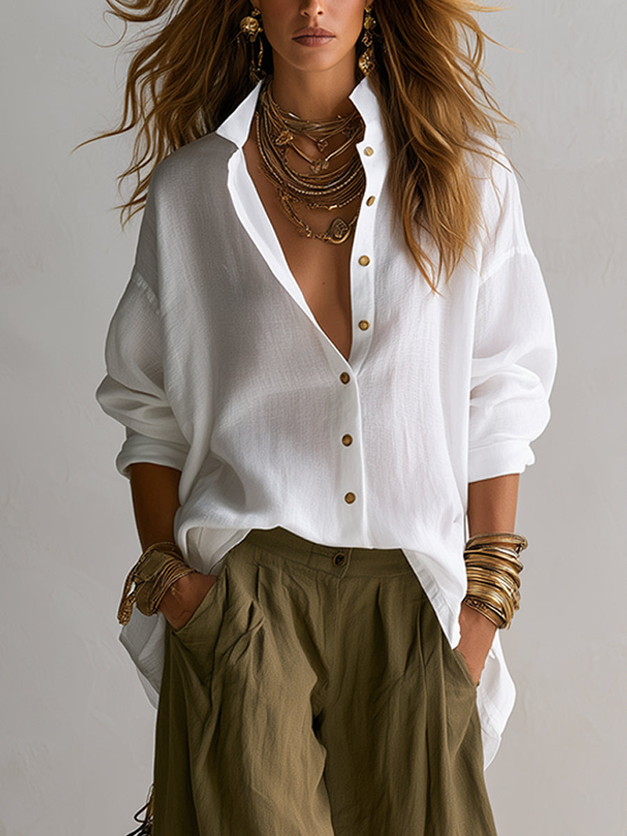 Caroline | White Shirt and Olive Green Lantern Pants