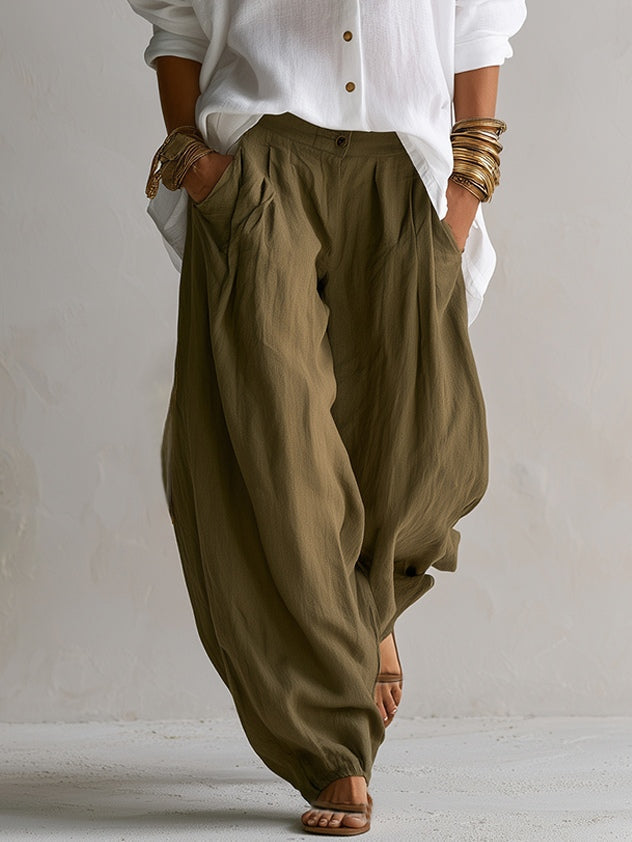 Caroline | White Shirt and Olive Green Lantern Pants