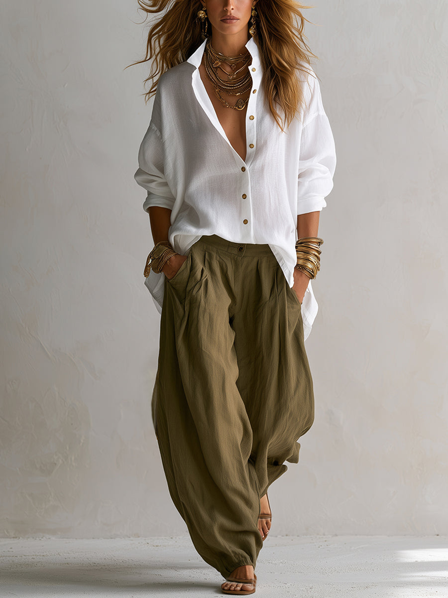 Caroline | White Shirt and Olive Green Lantern Pants
