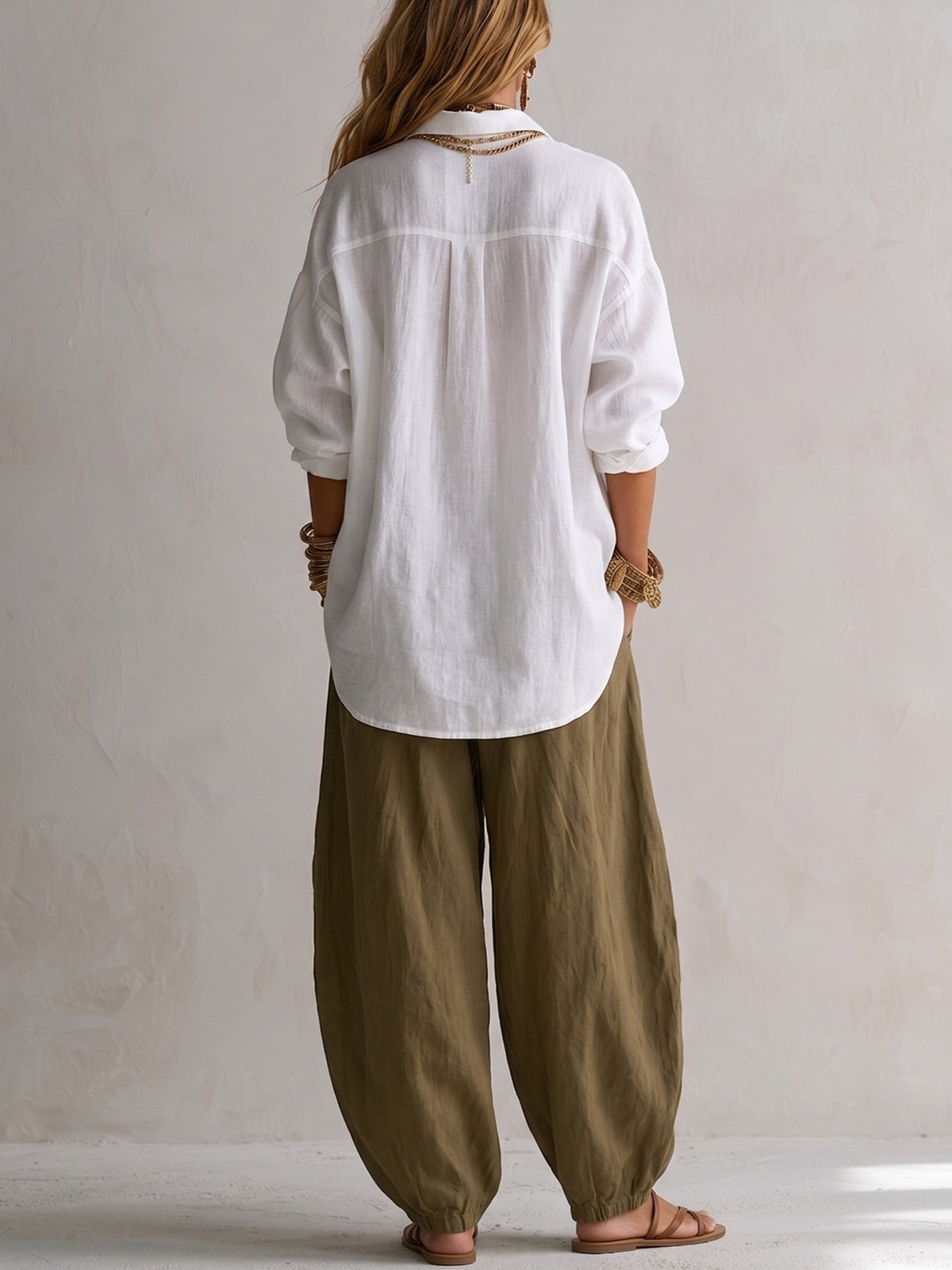 Caroline | White Shirt and Olive Green Lantern Pants