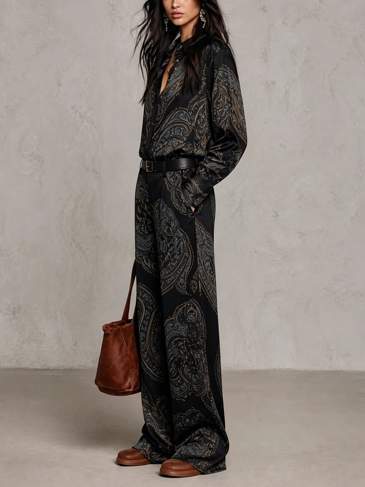 Naomi Paisley Shirt & Wide-Leg Pants Set | Black Paisley