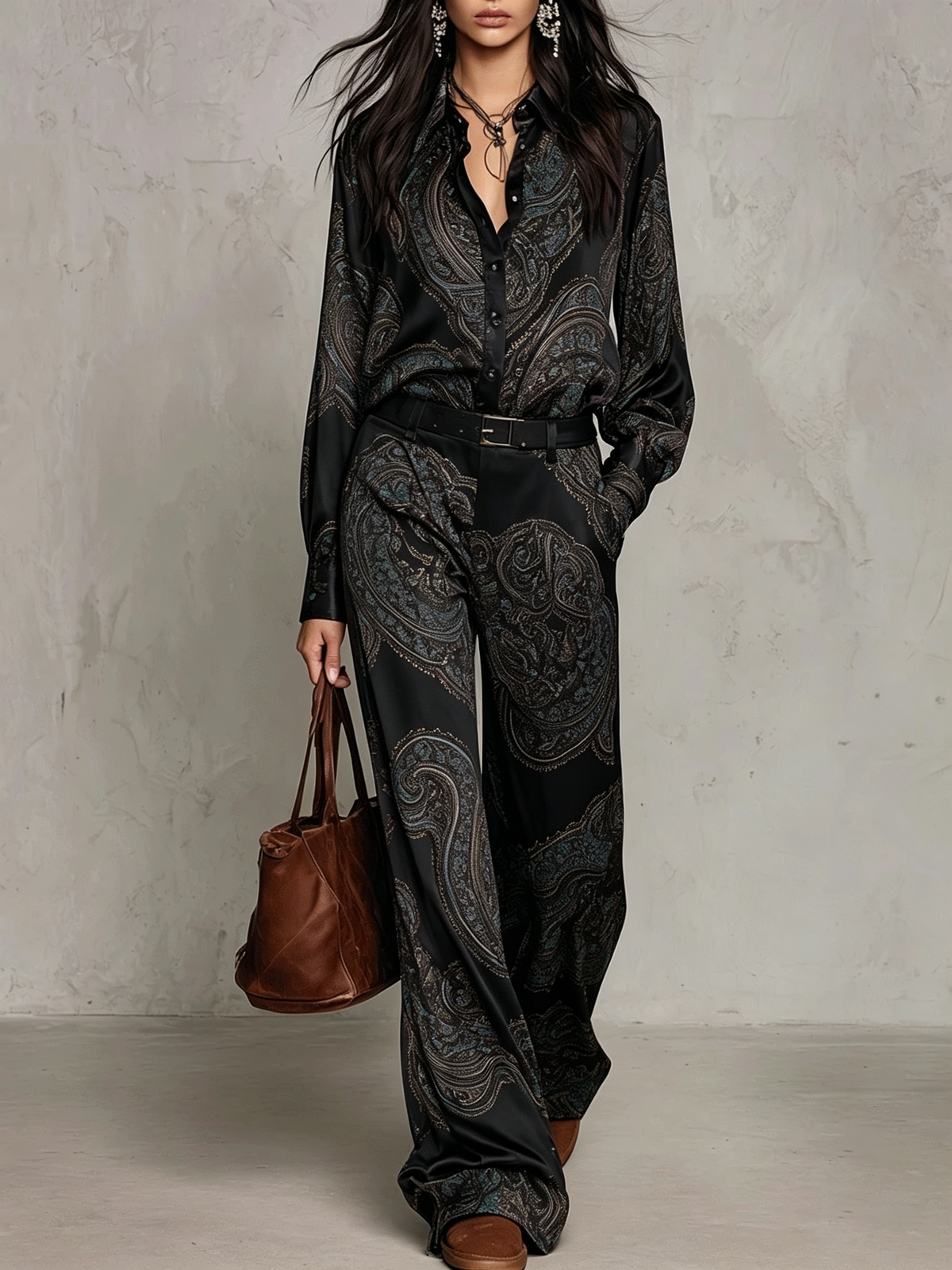 Naomi Paisley Shirt & Wide-Leg Pants Set | Black Paisley