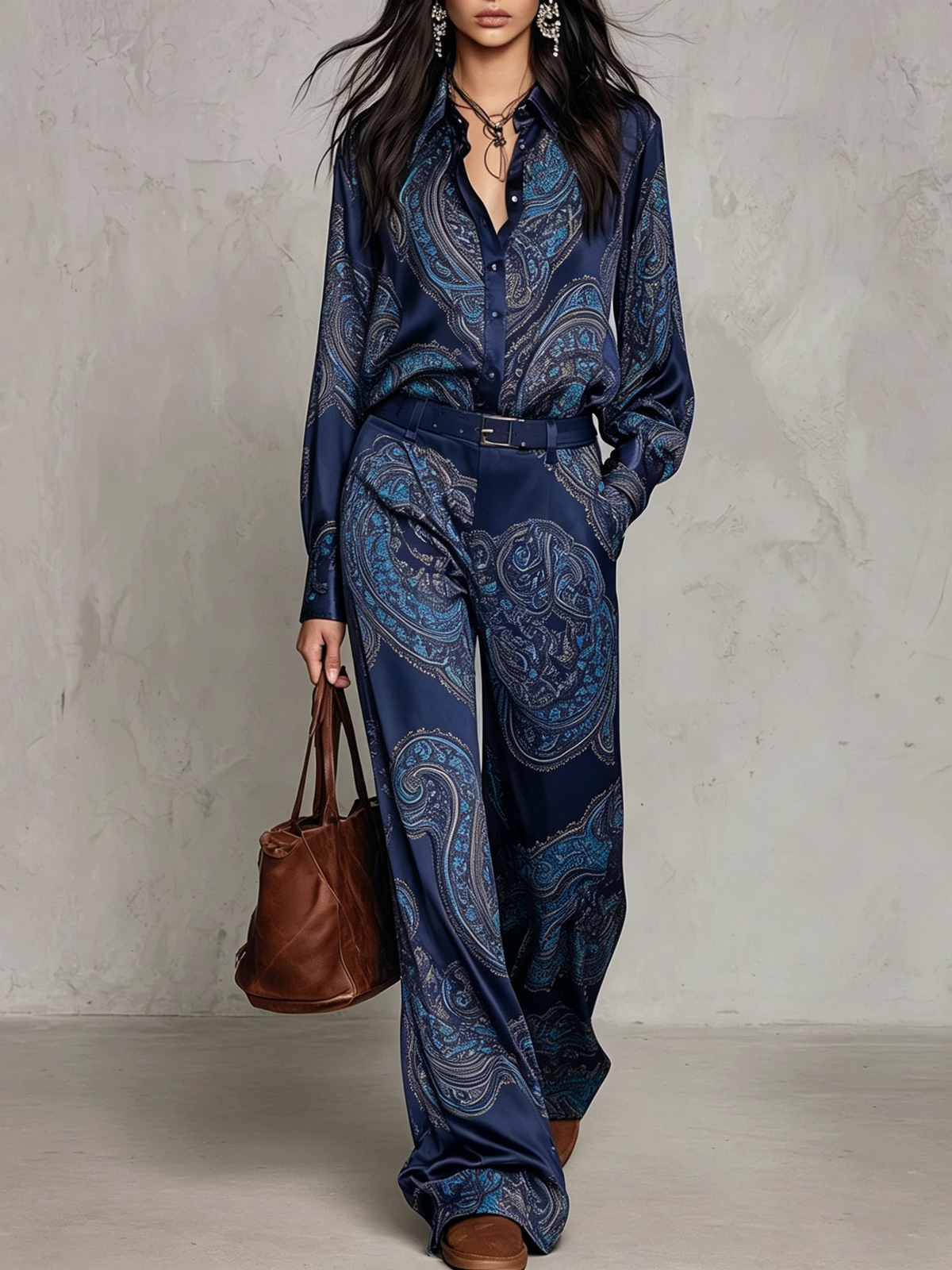 Naomi Paisley Shirt & Wide-Leg Pants Set | Navy Paisley