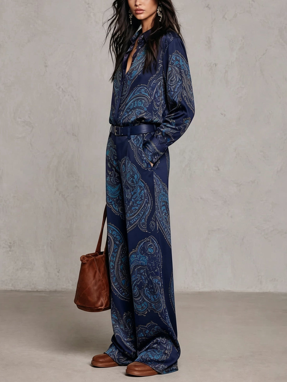 Naomi Paisley Shirt & Wide-Leg Pants Set | Navy Paisley