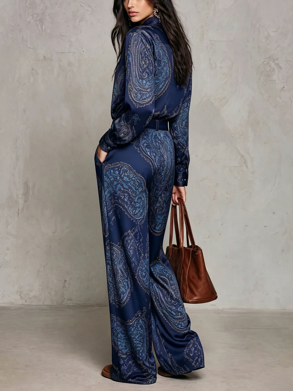 Naomi Paisley Shirt & Wide-Leg Pants Set | Navy Paisley