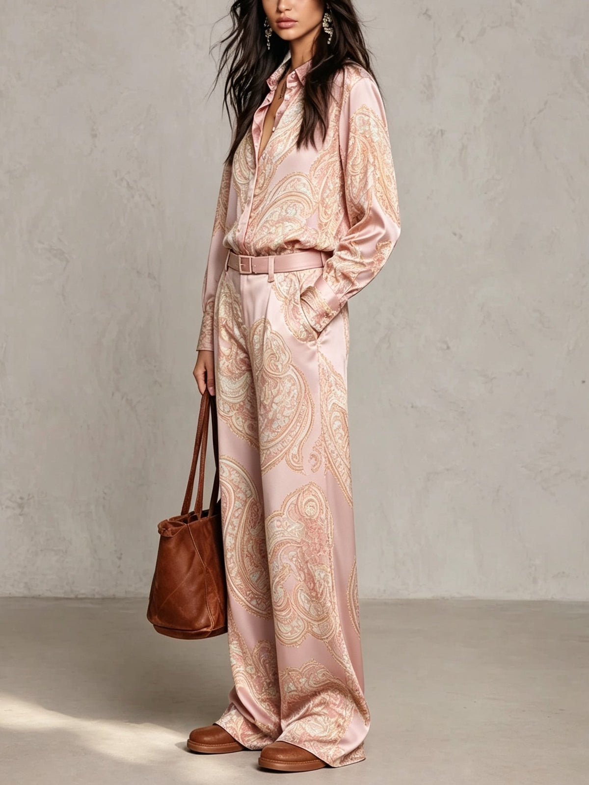 Naomi Paisley Shirt & Wide-Leg Pants Set | Pink Paisley