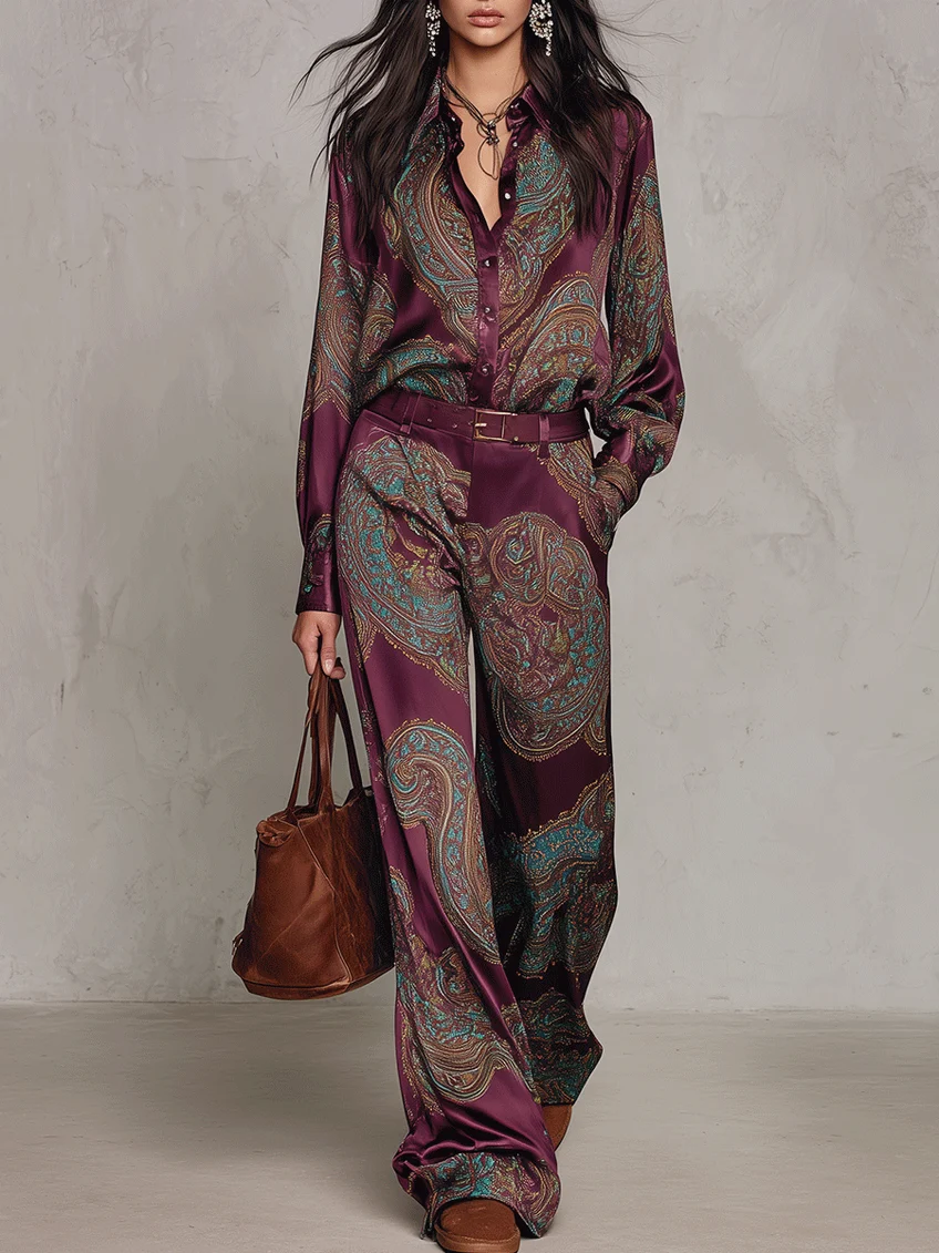 Naomi Paisley Shirt & Wide-Leg Pants Set | Burgundy Paisley