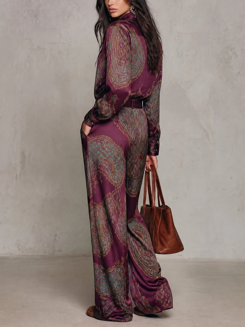 Naomi Paisley Shirt & Wide-Leg Pants Set | Burgundy Paisley