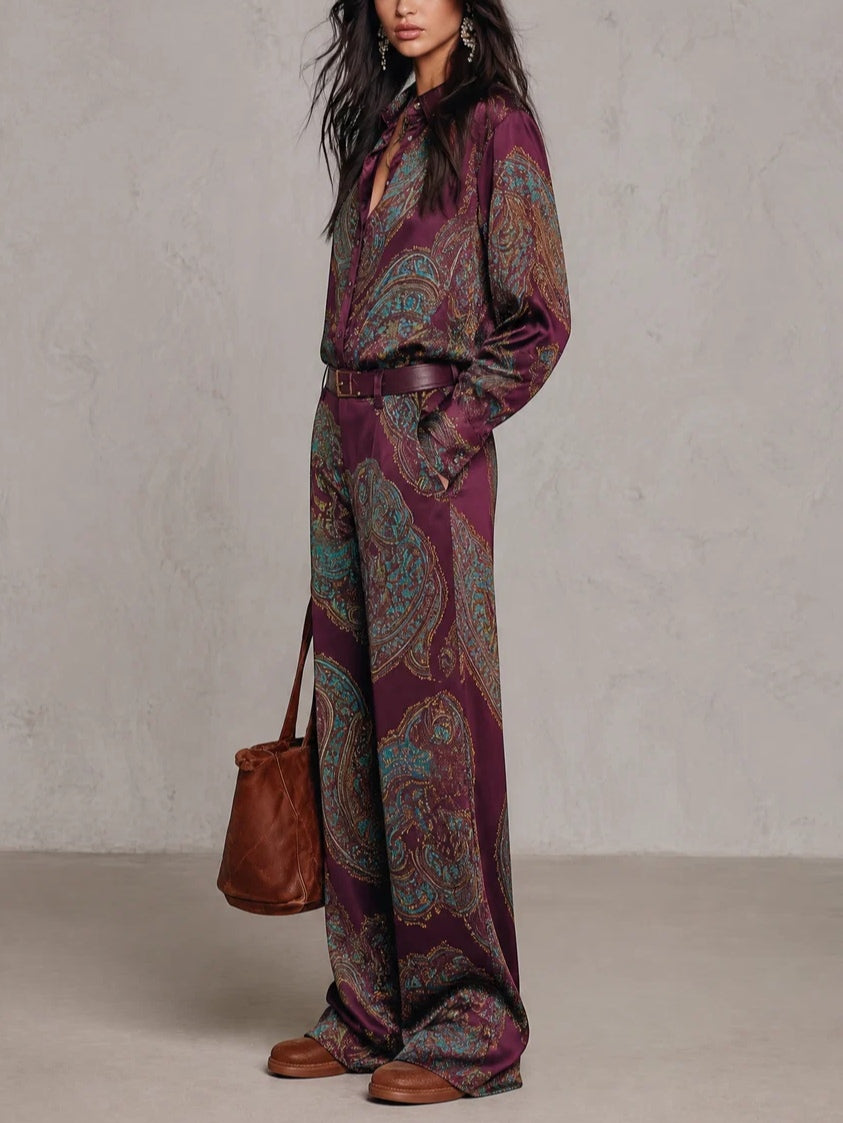 Naomi Paisley Shirt & Wide-Leg Pants Set | Burgundy Paisley