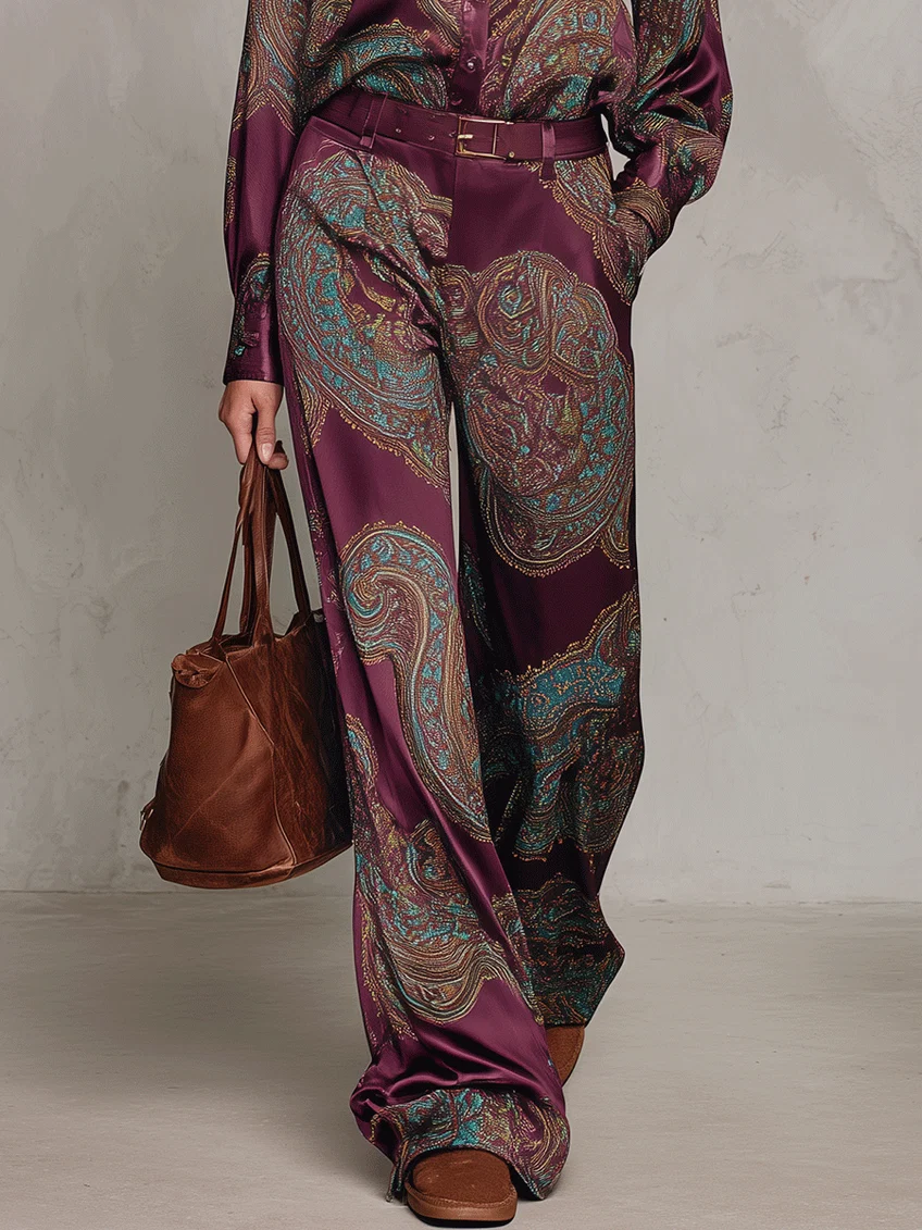 Naomi Paisley Shirt & Wide-Leg Pants Set | Burgundy Paisley