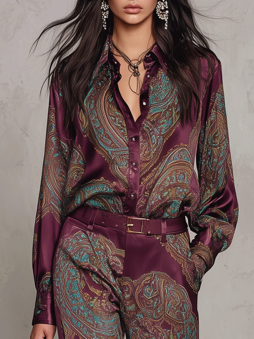 Naomi Paisley Shirt & Wide-Leg Pants Set | Burgundy Paisley