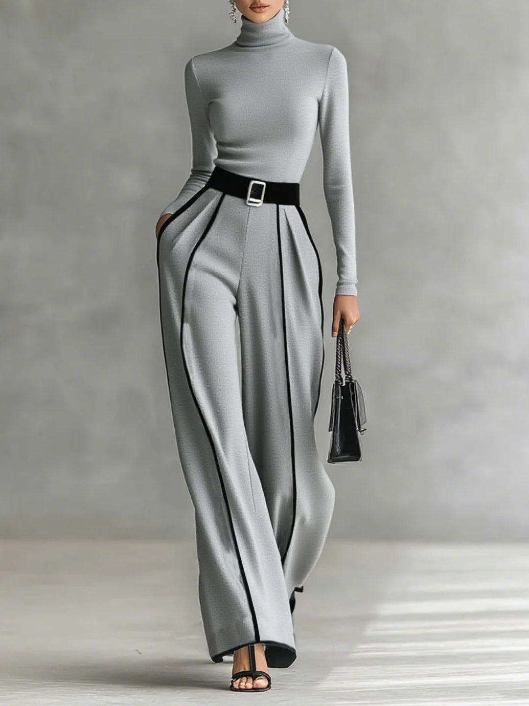 Addison | High-Neck Set with White Trim and Wide-Leg Pants