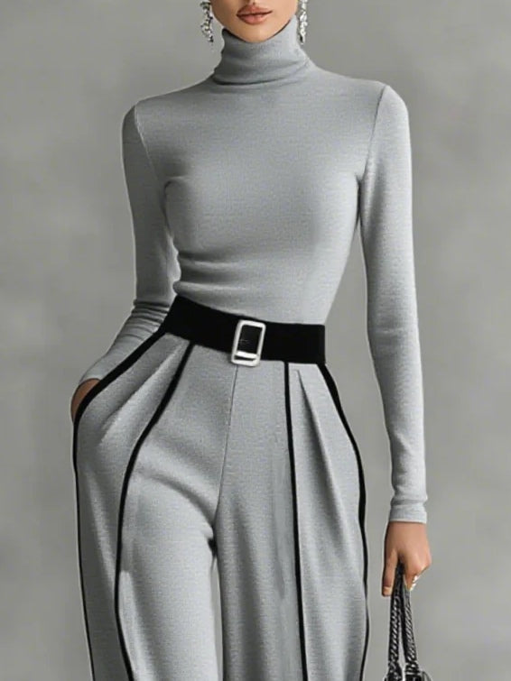 Addison | High-Neck Set with White Trim and Wide-Leg Pants
