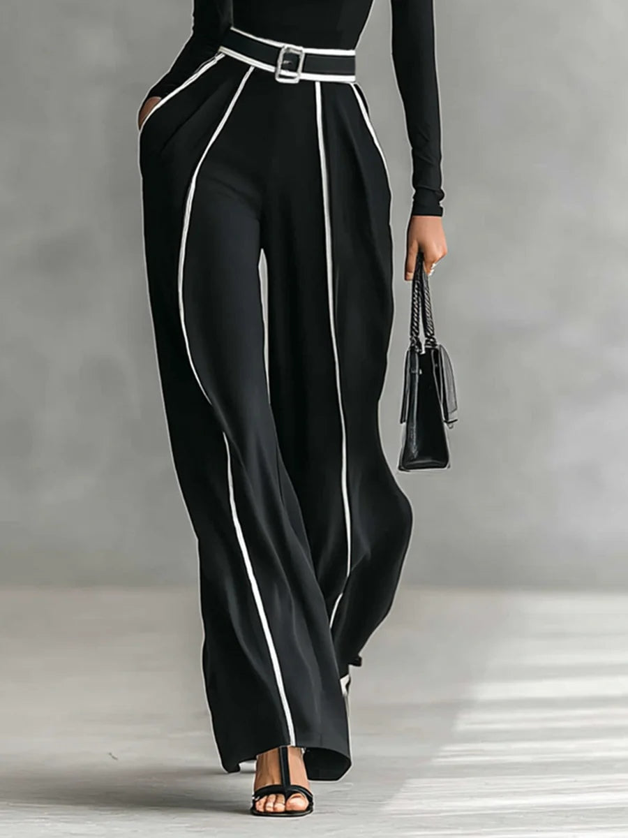 Addison | High-Neck Set with White Trim and Wide-Leg Pants