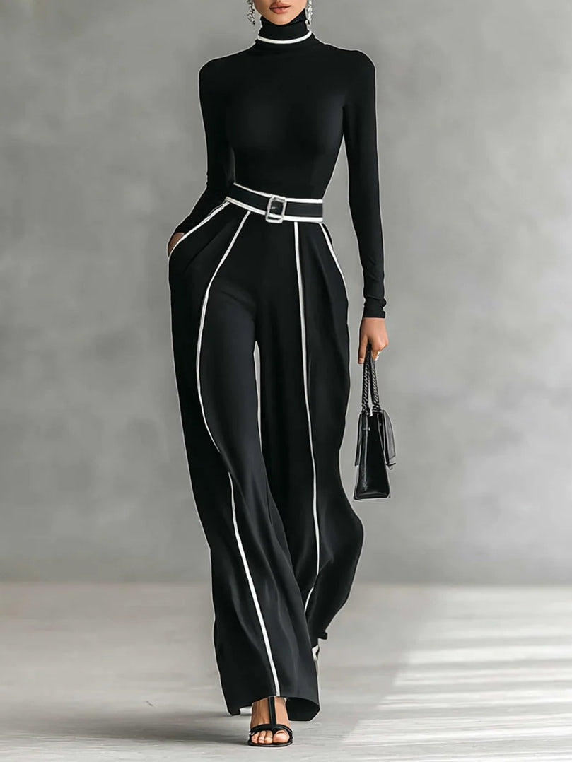 Addison | High-Neck Set with White Trim and Wide-Leg Pants