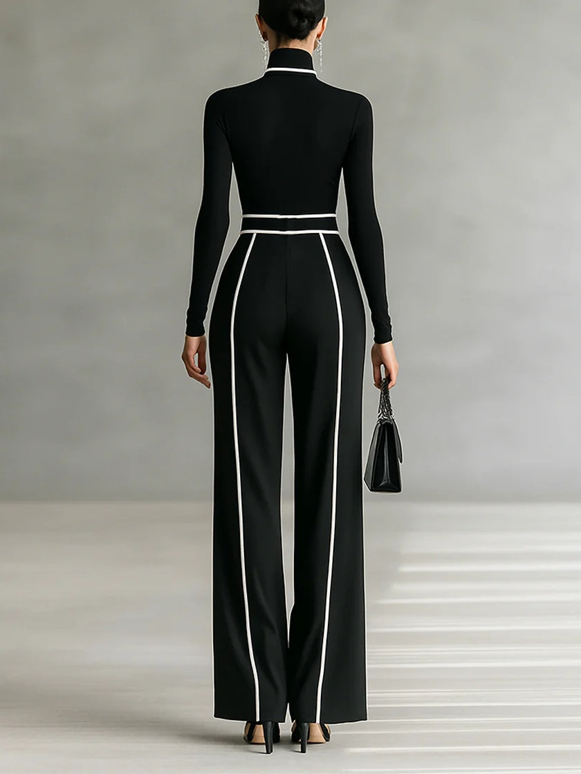 Addison | High-Neck Set with White Trim and Wide-Leg Pants