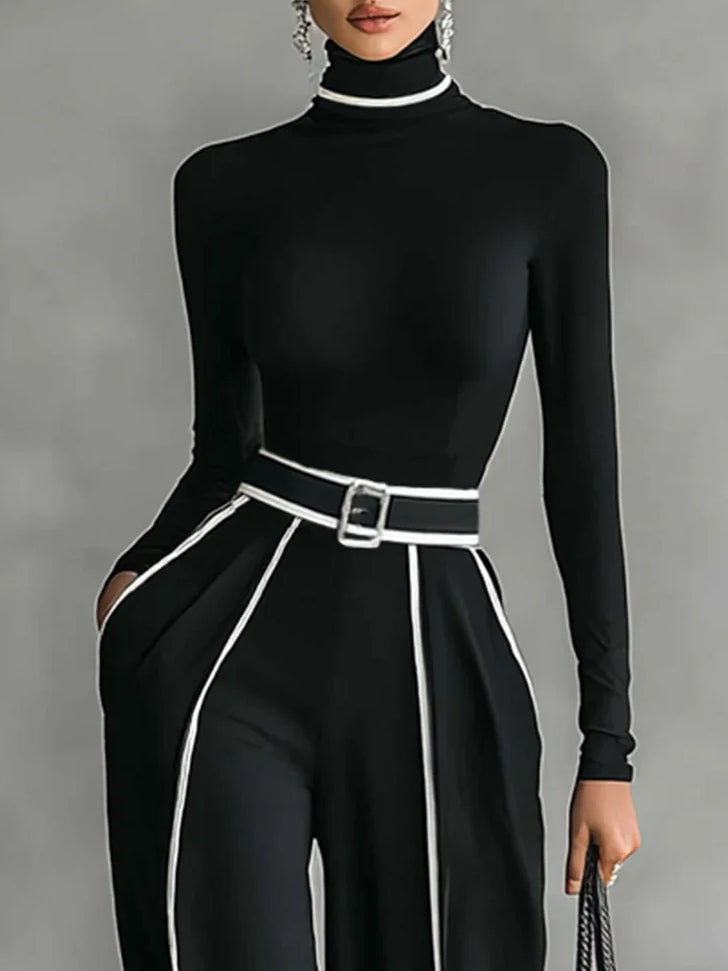 Addison | High-Neck Set with White Trim and Wide-Leg Pants