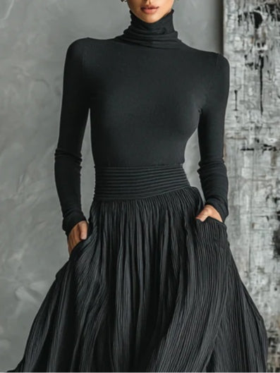 Paige | Pleated Skirt and Black Turtleneck T-Shirt Set